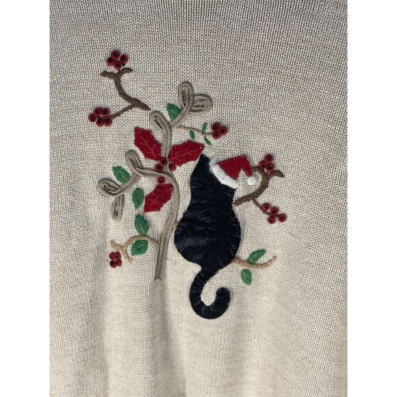 Vintage CJ Banks Women’s Hand Embroidered Cream Holiday Cat Sweater Size 1X - Picture 2 of 4